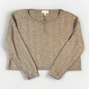 La Peche Henley Top Womens M Brown Cropped Waffle Knit Long Sleeve Cozy